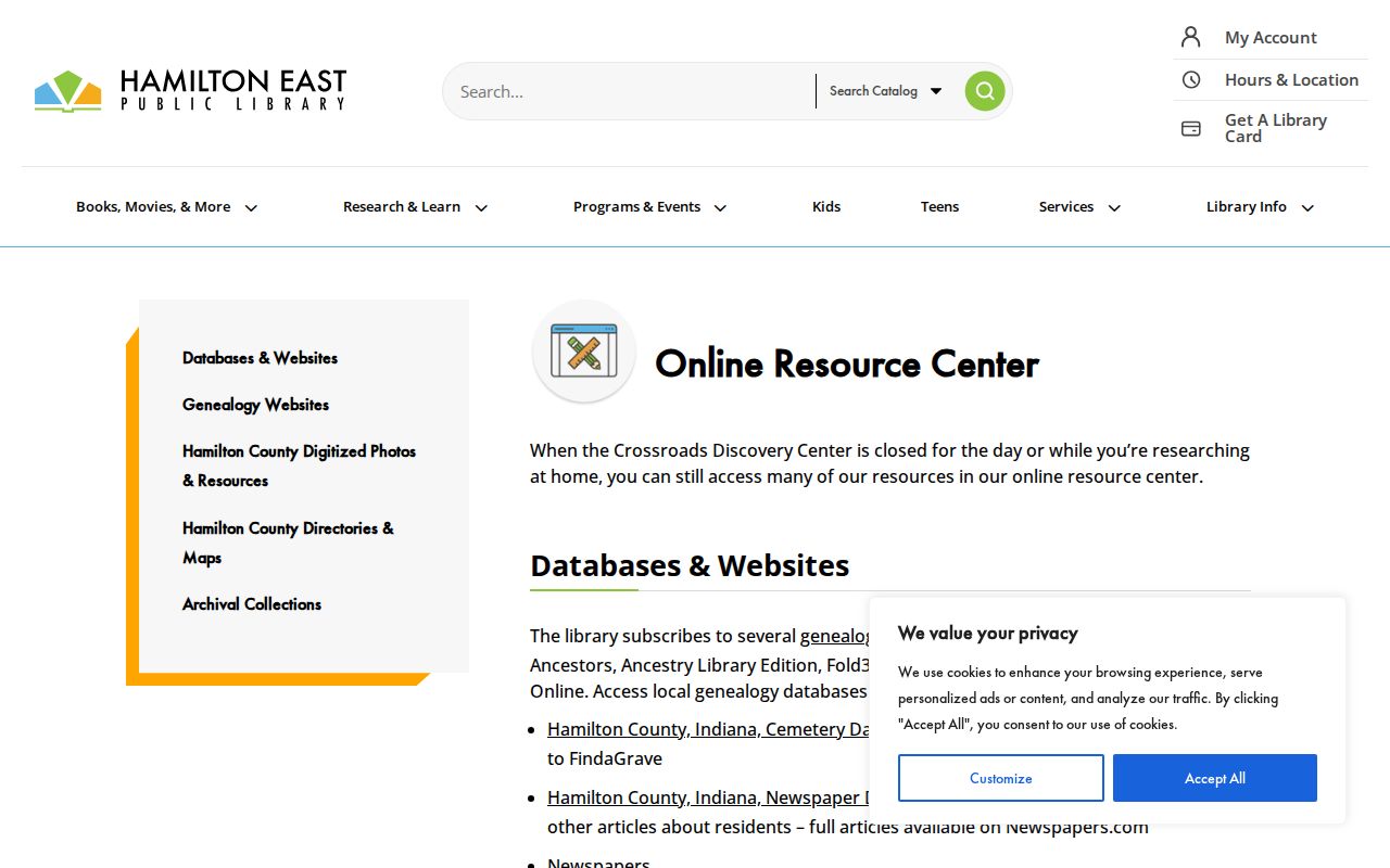 Crossroads Discovery Center online resources for Carmel city directory research
