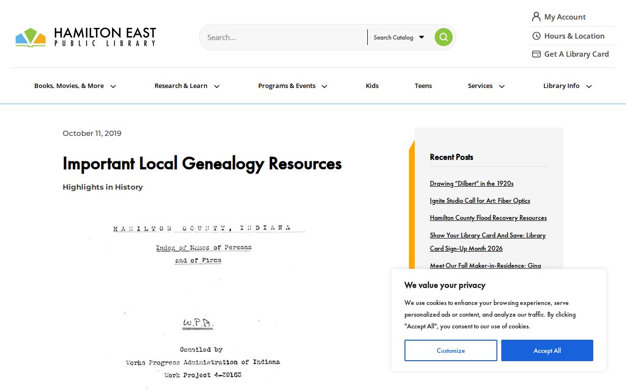 Hamilton East Public Library local genealogy resources for Carmel directory research