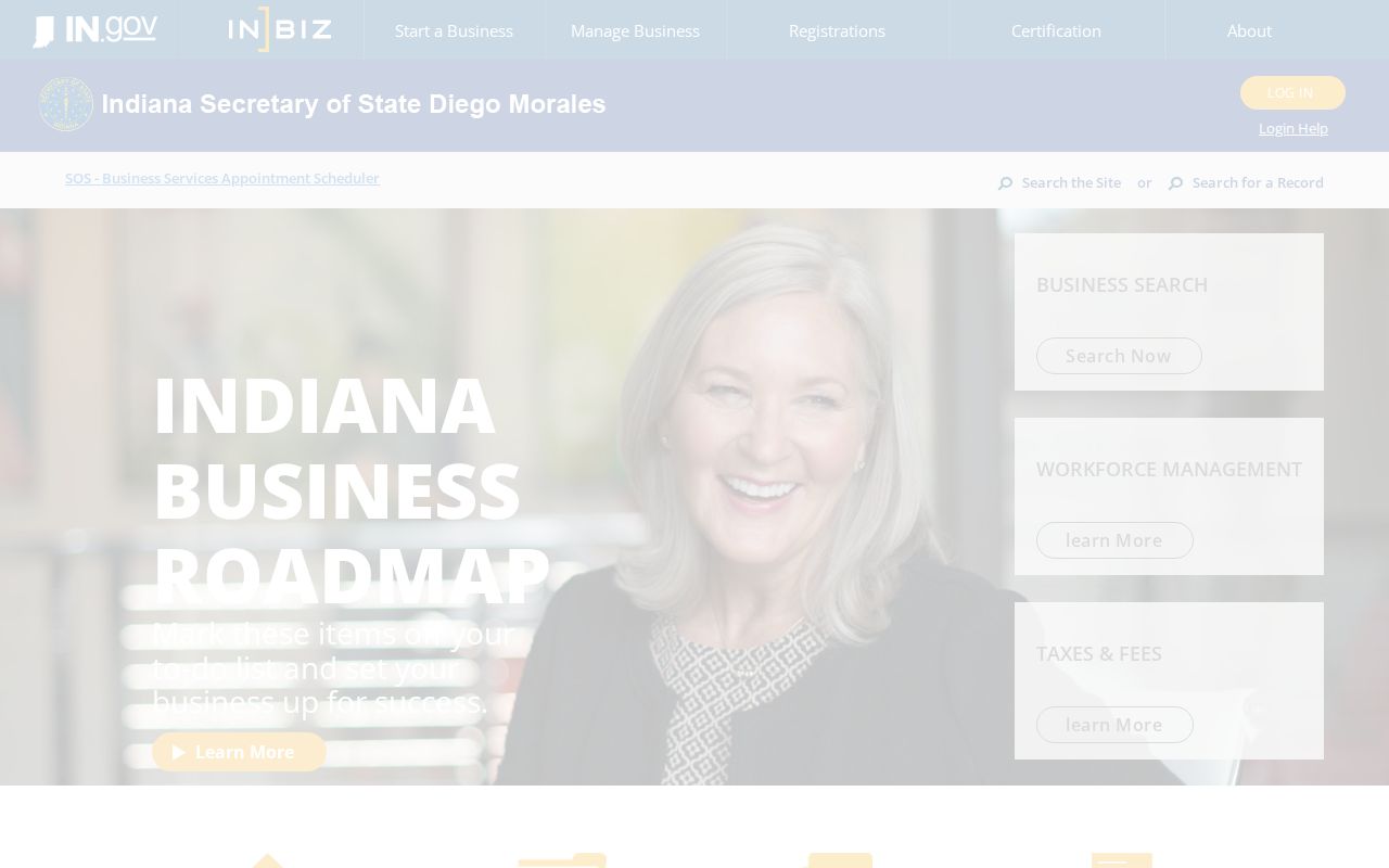 Indiana INBiz business search used to cross-check a Carmel resident name