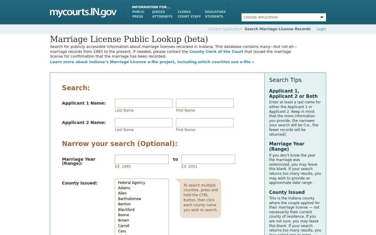 Indiana marriage license search for confirming a Carmel name or relationship