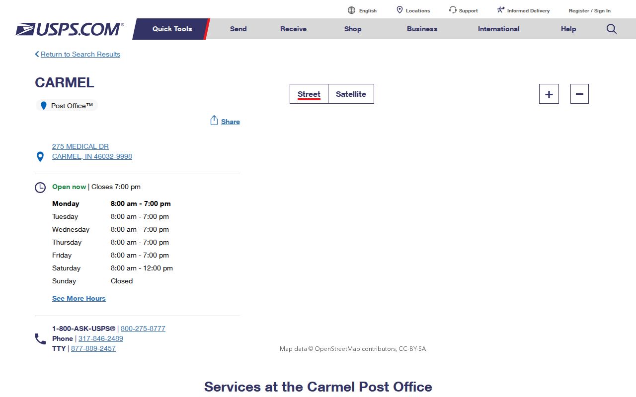 USPS Carmel Main Post Office page for Carmel ZIP code verification